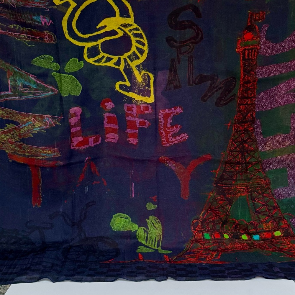 Saks Fifth Avenue Wool Graphic Scarf/Wrap with Eiffel Tower and City Names
